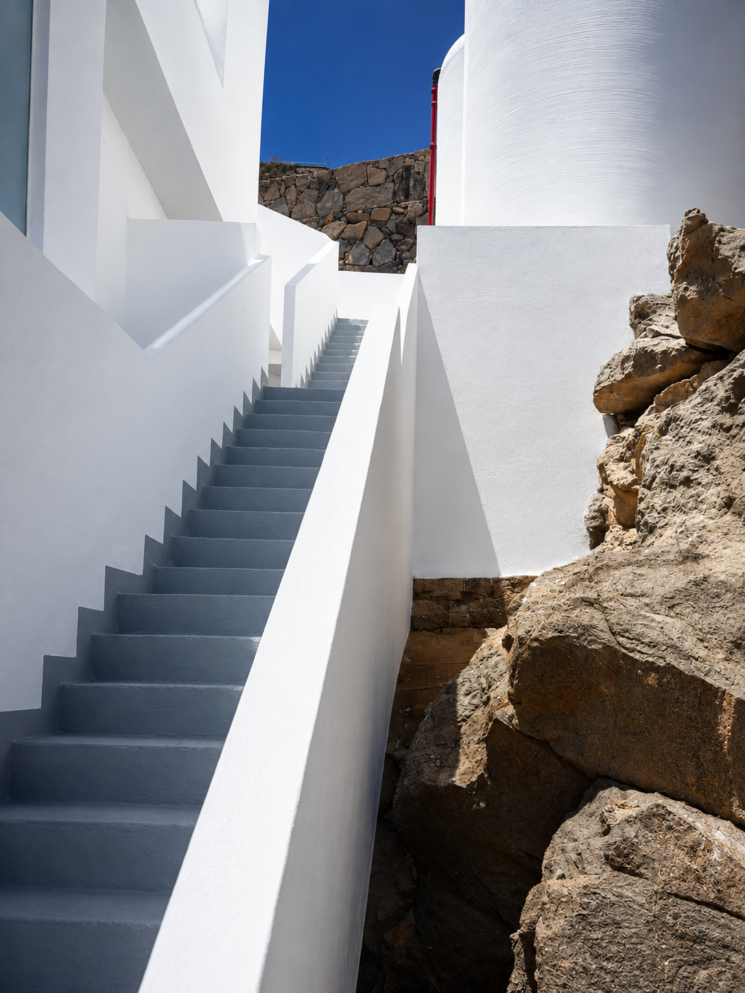 Escalera exterior pintada en blanco y gris