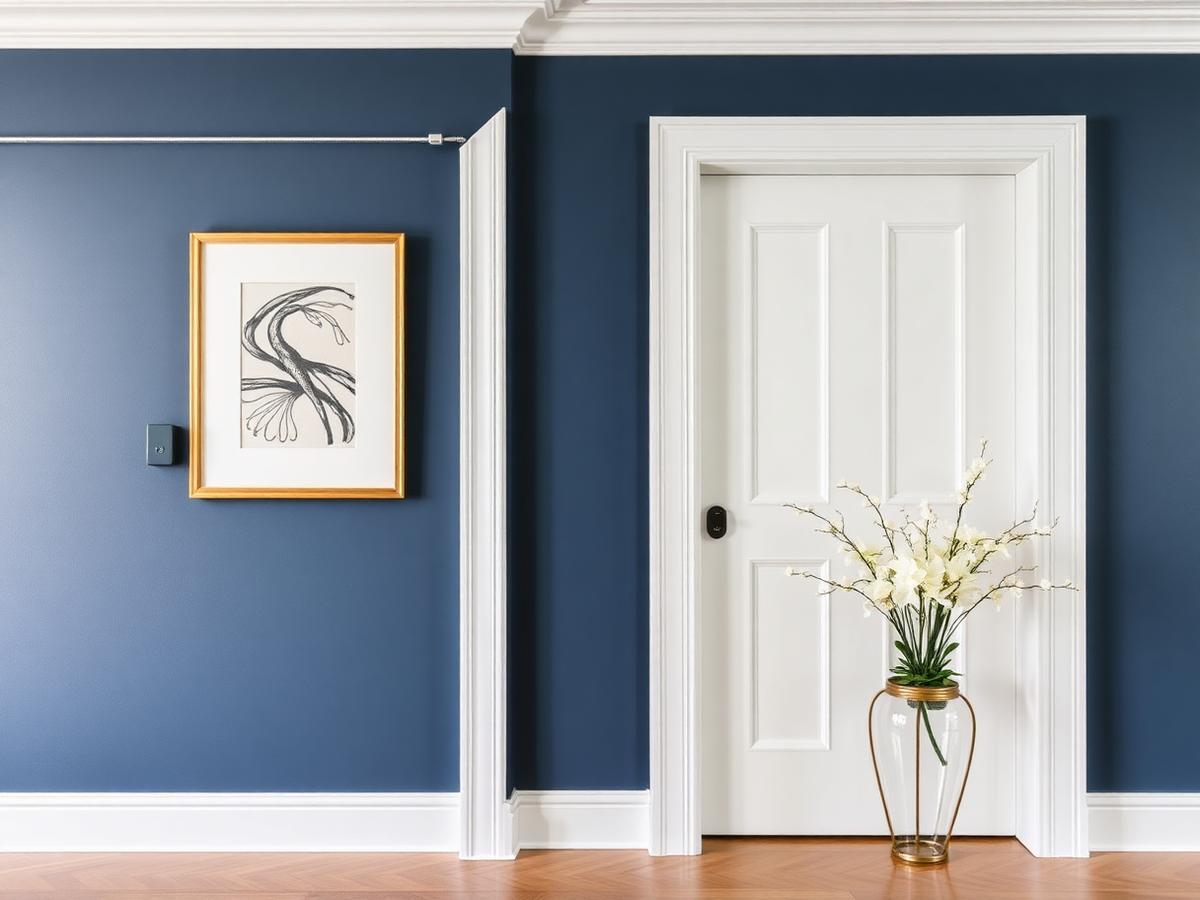 Pared decorativa en azul con molduras blancas